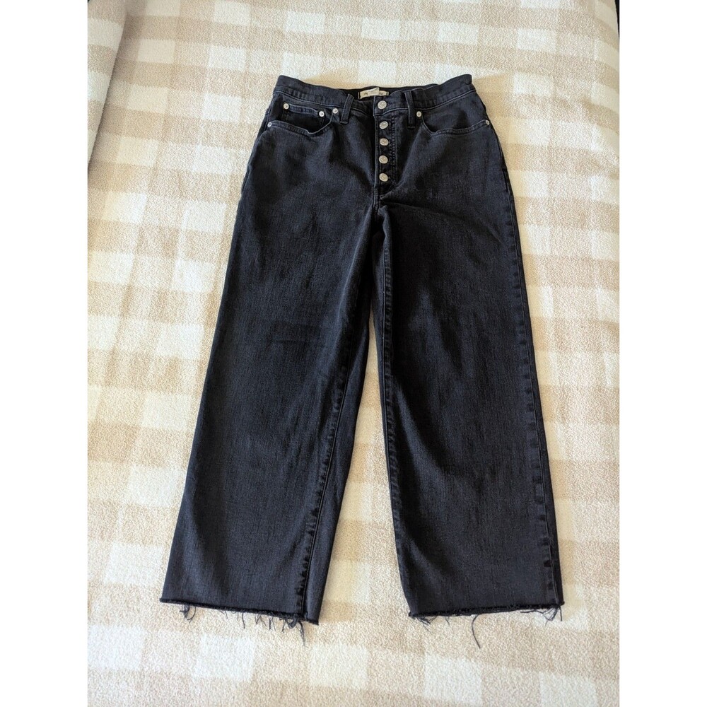 Madewell The Perfect Vintage Wide-Leg Crop Jeans Black Sz 30 Button Fly Raw Hem